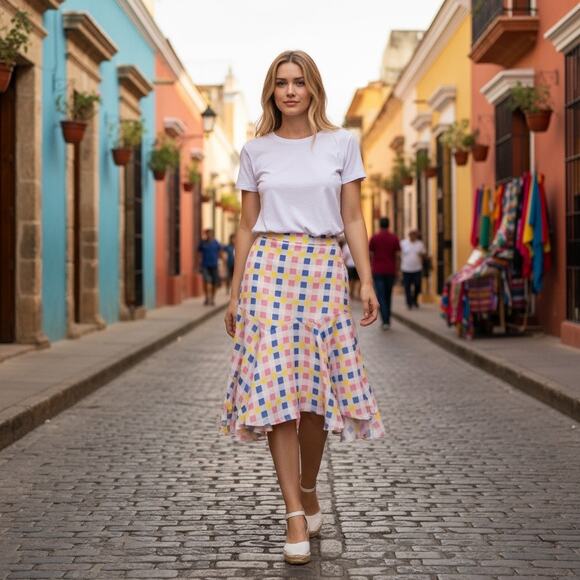 NWT Paper London Women's 100% Silk Foxglove Wrap Skirt Multi Check US 0 UK 4 - Picture 1 of 12